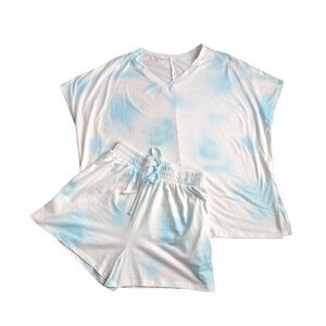 Boutique Lot 2~2PC Tie Dye Pajama Sets Sz L SS Tee Short Drawstring Blue Lounge